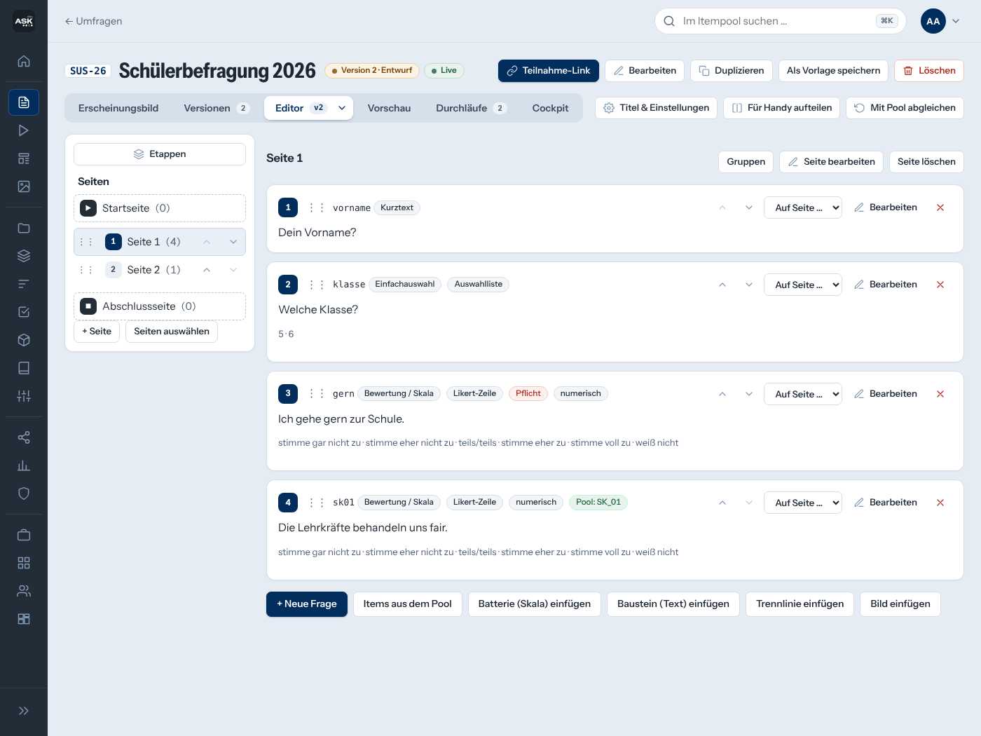 Umfrage-Editor: Seiten links, Fragen mit Variablennamen, Fragetyp und Pool-Zuordnung, Knöpfe für neue Frage, Items aus dem Pool, Batterie, Baustein, Trennlinie und Bild
