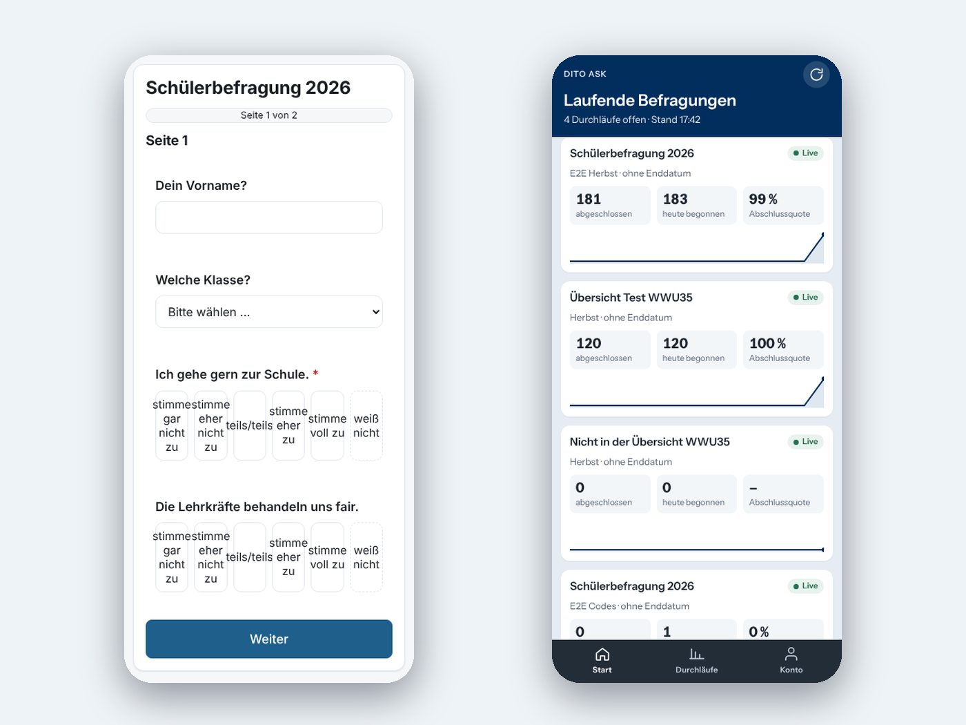 Zwei Smartphone-Ansichten: die Befragung mit großen Antwortknöpfen und ASK Mobil mit dem Rücklauf laufender Befragungen