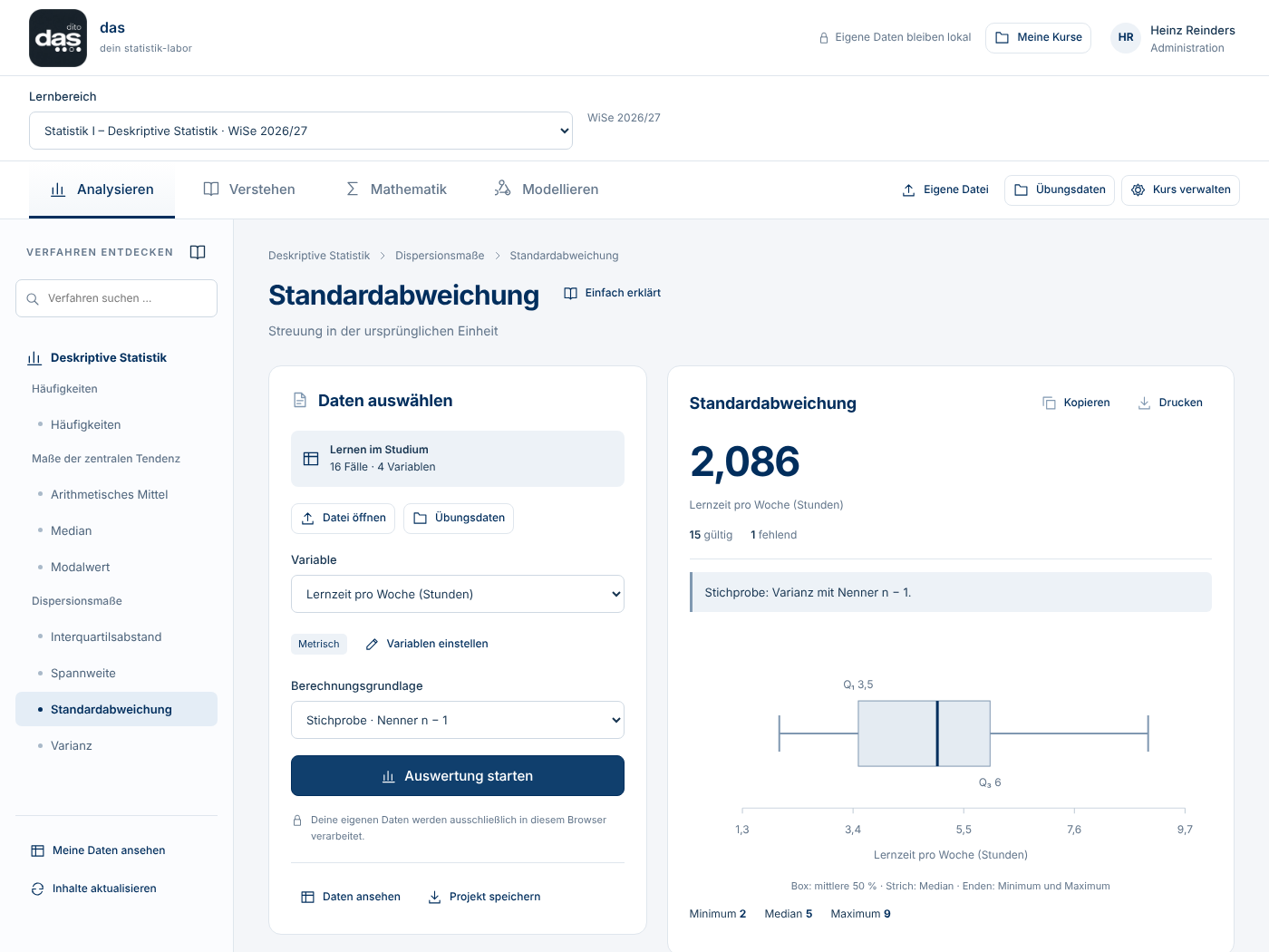Bereich Analysieren: Übungsdatensatz „Lernen im Studium“, Variable Lernzeit pro Woche, Ergebnis 2,086 mit Boxplot, Median und Maximum