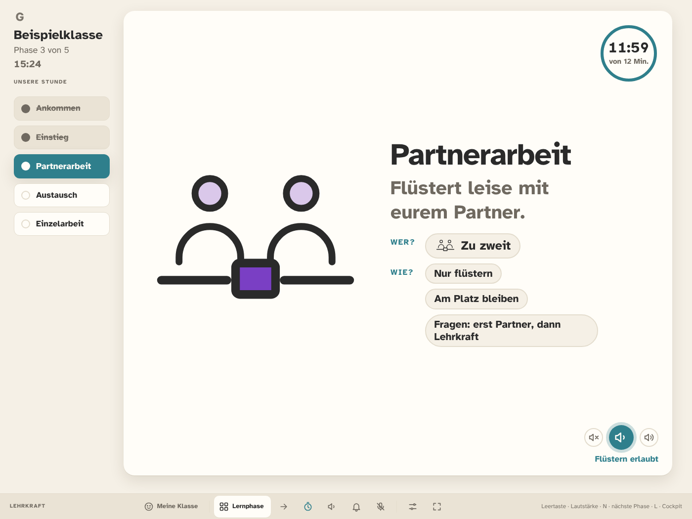Lernphase „Partnerarbeit“ im Design Papier: warmer Hintergrund, Stundenverlauf links, Timer oben rechts