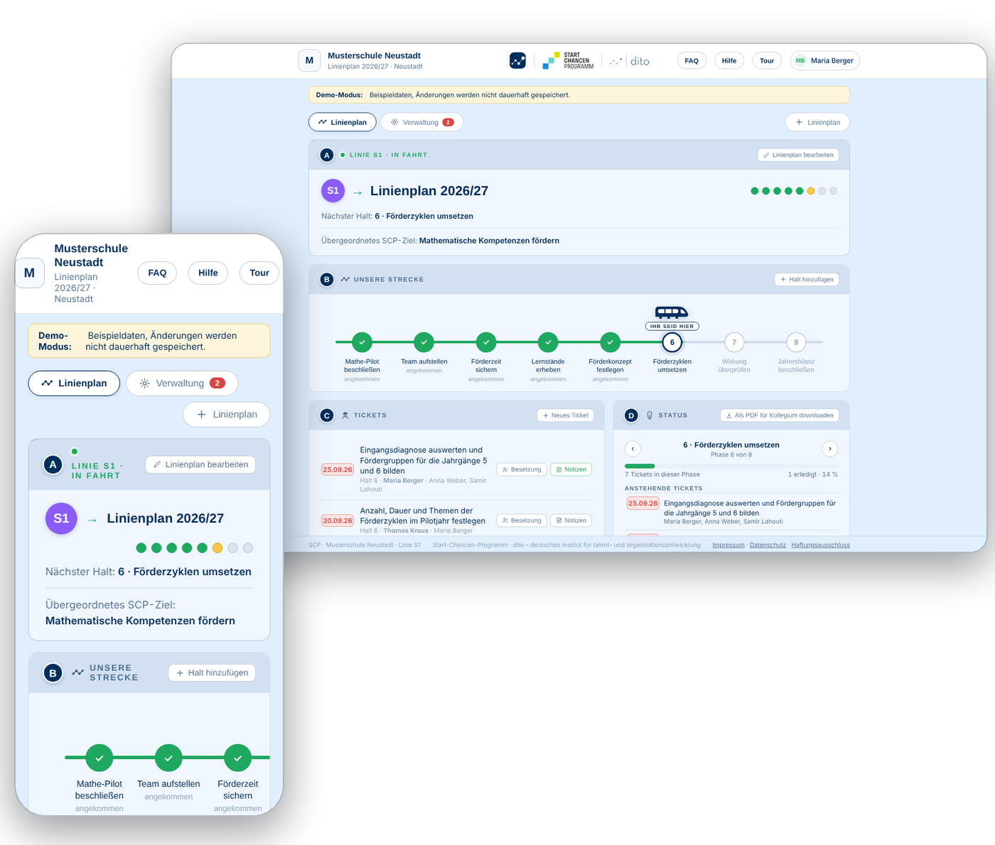 Zwei Bildschirme der App START: das Dashboard der Musterschule Neustadt mit Linie S1, Strecke, Tickets und Status, davor dieselbe Ansicht auf dem Smartphone