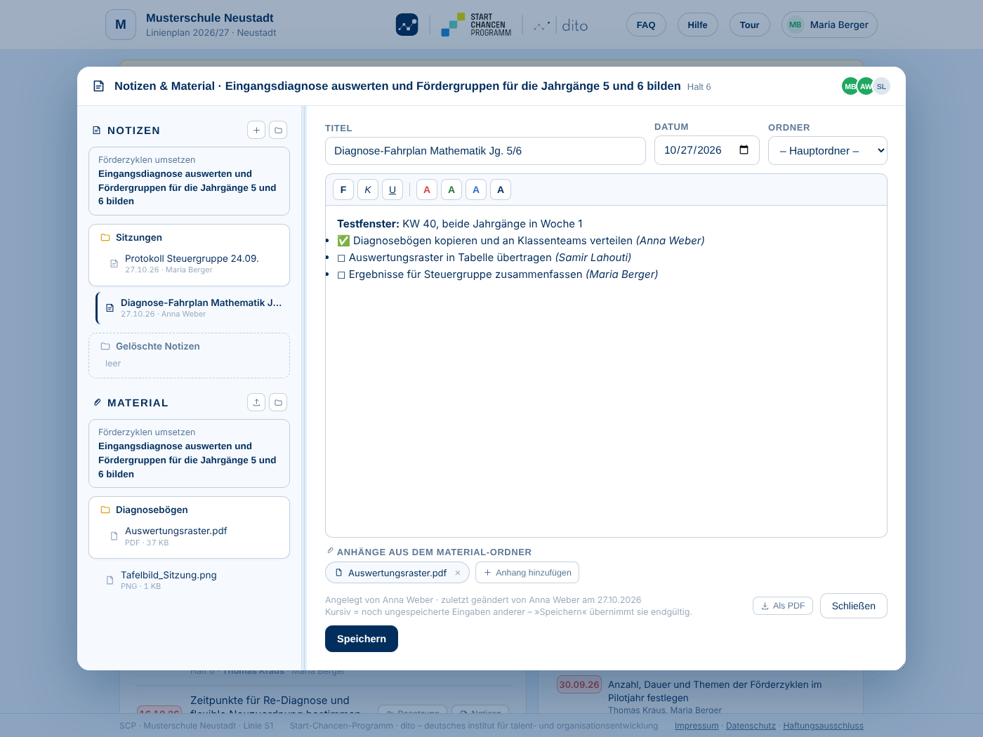 Notizen & Material eines Tickets: links Ordner für Notizen und Material, rechts der Editor mit einer Notiz zum Diagnose-Fahrplan und Anhängen aus dem Material-Ordner